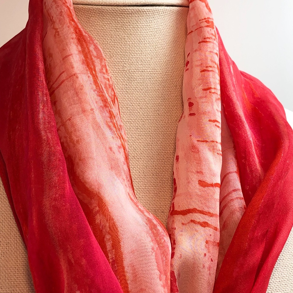 Calvin Klein Long 68" 100% Silk Scarf, 17" wide, Reddish Orange and white.